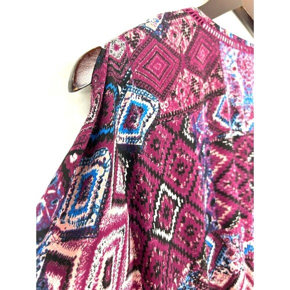 DR2 Womens Sz L Burgundy Mini Dress Cold Shoulder Lightweight Faux Wrap Lined N3 - Picture 8 of 13